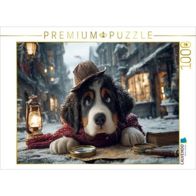 CALVENDO Puzzle Berner Sennenhund als Detektiv im verschneiten Altstadtviertel | 1000 Teile Lege-Größe 64x48cm Foto-Puzzle für glückliche Stunden