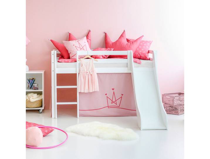 Hochbett HOPPEKIDS «Princess» , weiss (weiß, pale rose, weiß, weiß), B:81cm H:9cm L:168cm, Bett: 100% Massivholz, Nordische Kiefer;Rutsche: MDF;Vorhang: 100% Baumwolle;Matratze: Waterlily-Schaum mit vertikalen Lüftungsschlitzen;Matratzenbezug: 23% Bambus, 77% Polyester, gesteppt mit Thermowolle, Hochbetten, Hochbett, Rutsche & Vorhang Rosa und viel Auswahl