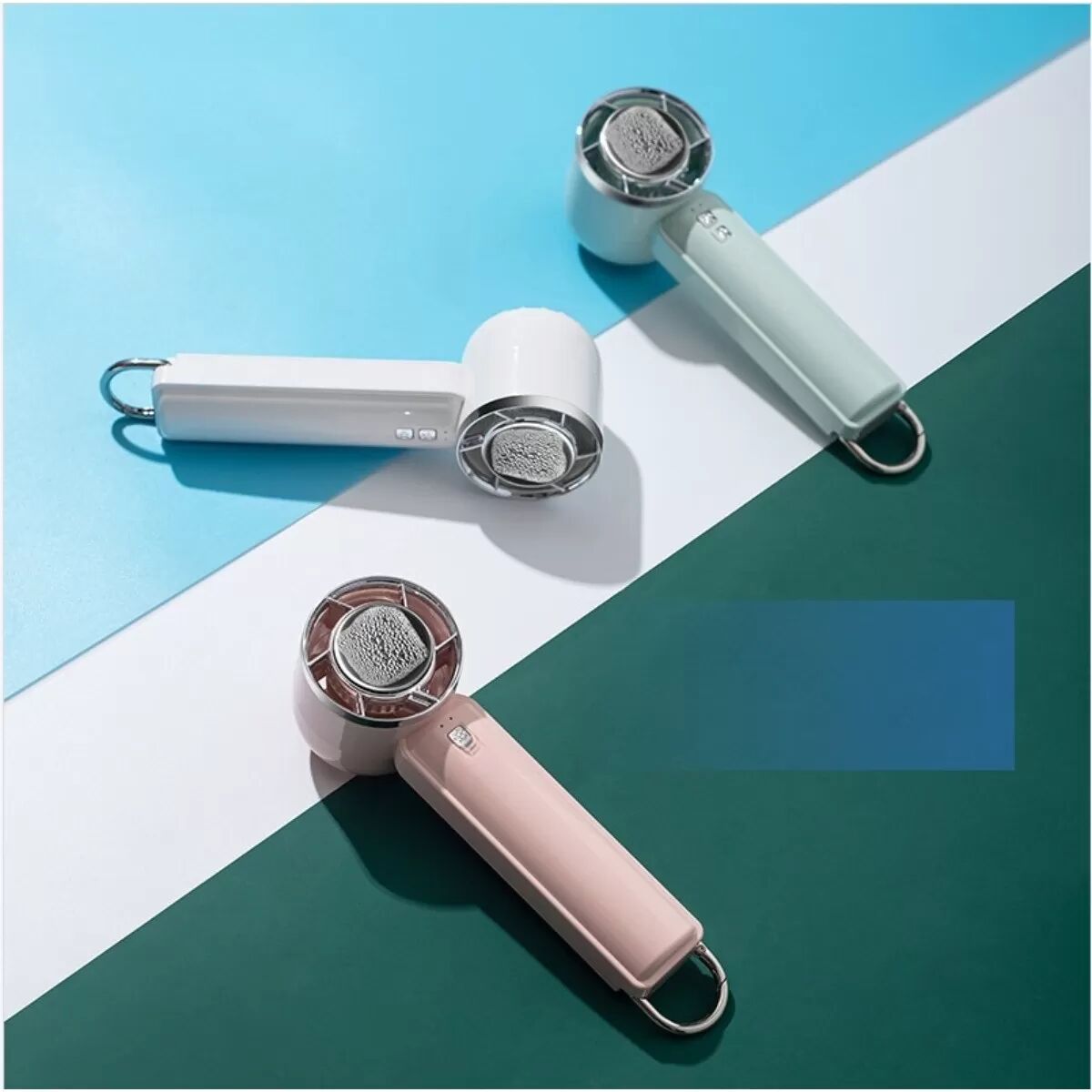 INF 5-Gang Thermoelektrischer tragbarer Outdoor-Mini-Lüfter mit hohem Luftdurchsatz, USB-Aufladung und Auto-Rückstellkarabiner Rosa