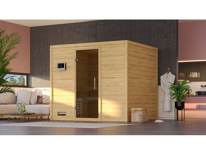 Sauna KARIBU Soraja , beige (naturbelassen), ohne Ofen, (ohne Ofen), Saunen, Sauna, ohne Ofen