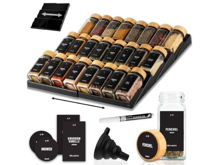 Deco haus® Kruidenrek Lade [MET 24 KRUIDENPOTTEN & ETIKETTEN] - Kruidenorganizer Lade - Organizer Voor Specerijen - Organizer voor Keuken - Lade-inzet