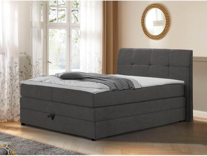 Boxspringbett, Grau, 155x211 cm, Polyester, Komfortable Liegehöhe & Bettkasten, Klassisch, Home-affaire