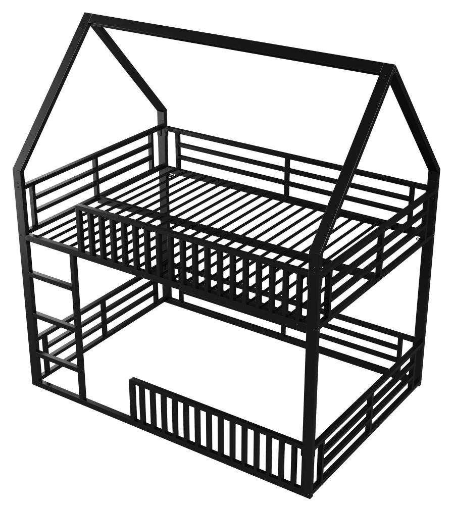 Kinder-Etagenbett - Hausbett - 140 x 200 cm - Metall - Schutzgitter - LED-Beleuchtung - Schwarz