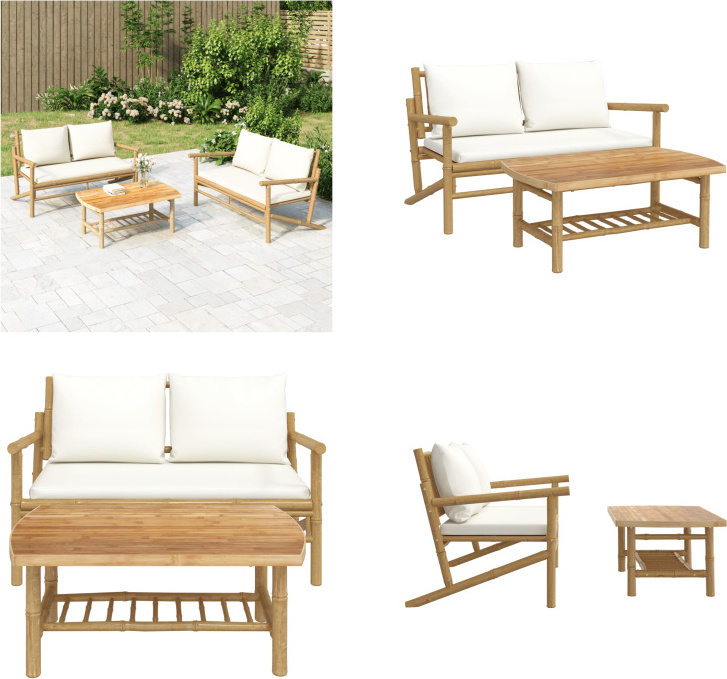 vidaXL 2 tlg. Garten Lounge Set mit Cremeweißen Kissen Bambus - Garten Lounge Set - Garten Lounge Sets - Lounge Set - Lounge Set Terrasse