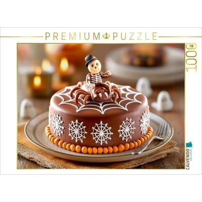 CALVENDO Puzzle Eine Halloween-Schokoladentorte mit einem furchterregenden Marzipan Skelett auf einer Marzipan-Spinne | 1000 Teile Lege-Größe 64x48cm