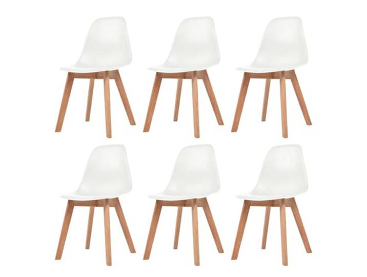 KUTYWEXFM Esszimmerstühle 6er Set Weiß Modern Plastikstuhl Holzbeine Ergonomische Küchensitzmöbel mit pflegeleichter Oberfläche und stabilen Gummibaumholz-Beinen für Esszimmer oder Wohnung.