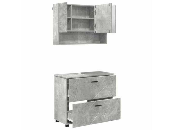 KTHLBRH Badezimmermöbel-Set 2-teilig grau Beton Technisches Holz und Metall, 2 Schubladen, 7 Einlegeböden, 3 Türen, schwarze Griffe, Wandmontage