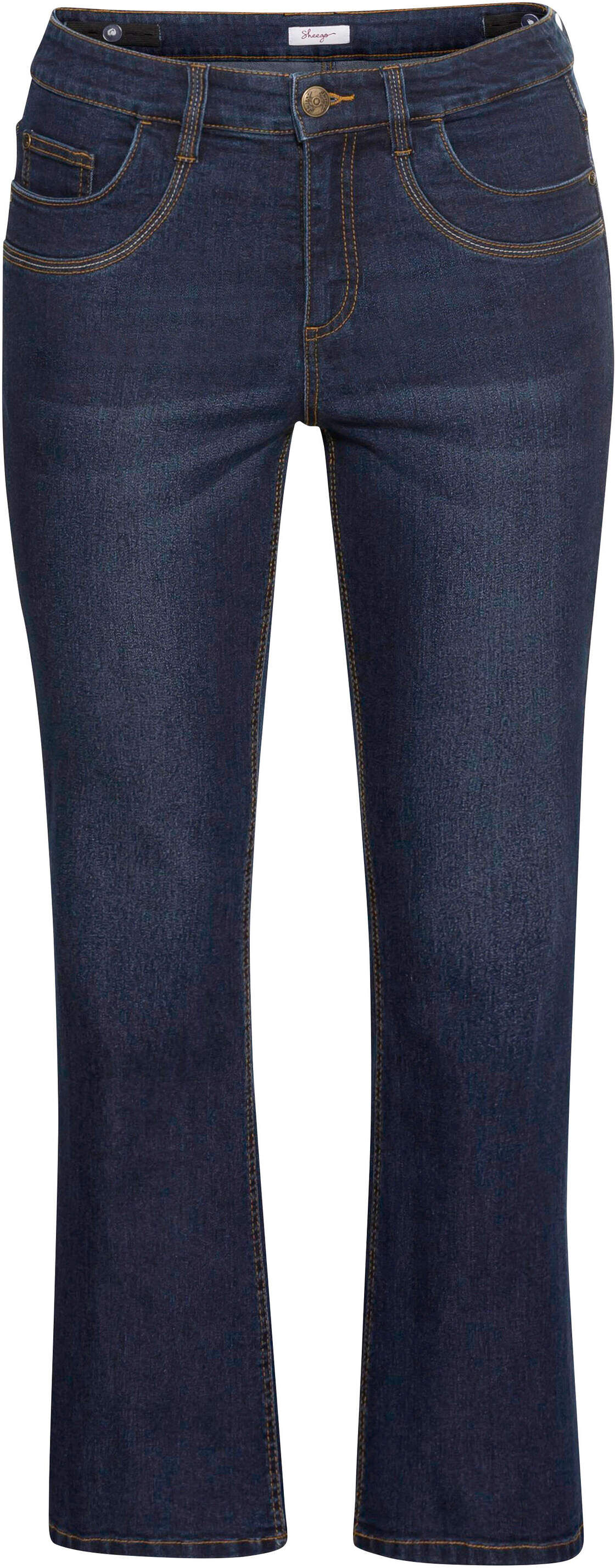 Bootcut-Jeans SHEEGO "Bootcut-Jeans Bootcut-Jeans mit innen regulierbarer Bundweite", Damen, Gr. 48, blau (dunkelblau denim), Sportlich, bootcut fit, Jeans Bootcut-Jeans, mit verstellbarem Bund