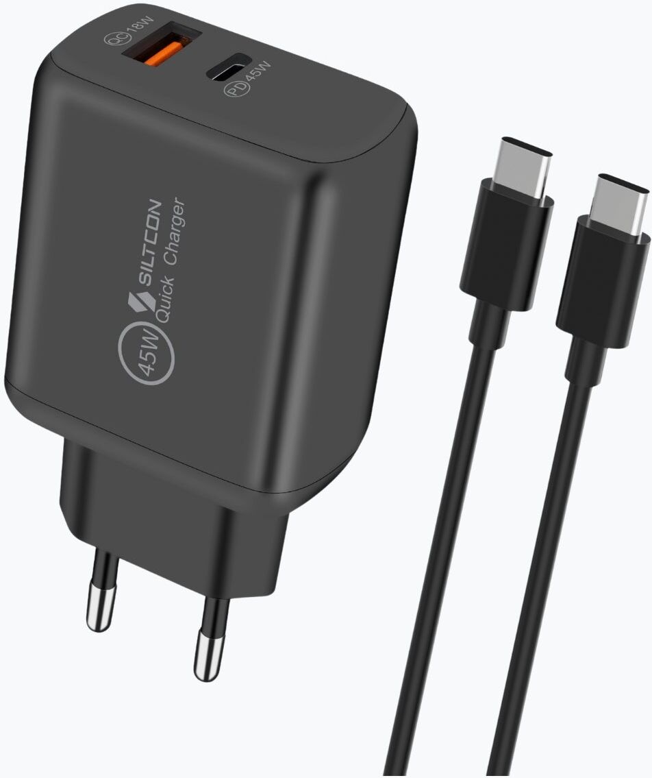 Siltcon® USB C Adapter 45W & USB-A 18W - USB C Snellader - USB C Lader - Universeel o.a. Telefoons & Laptops - Inclusief USB-C Kabel 2 Meter