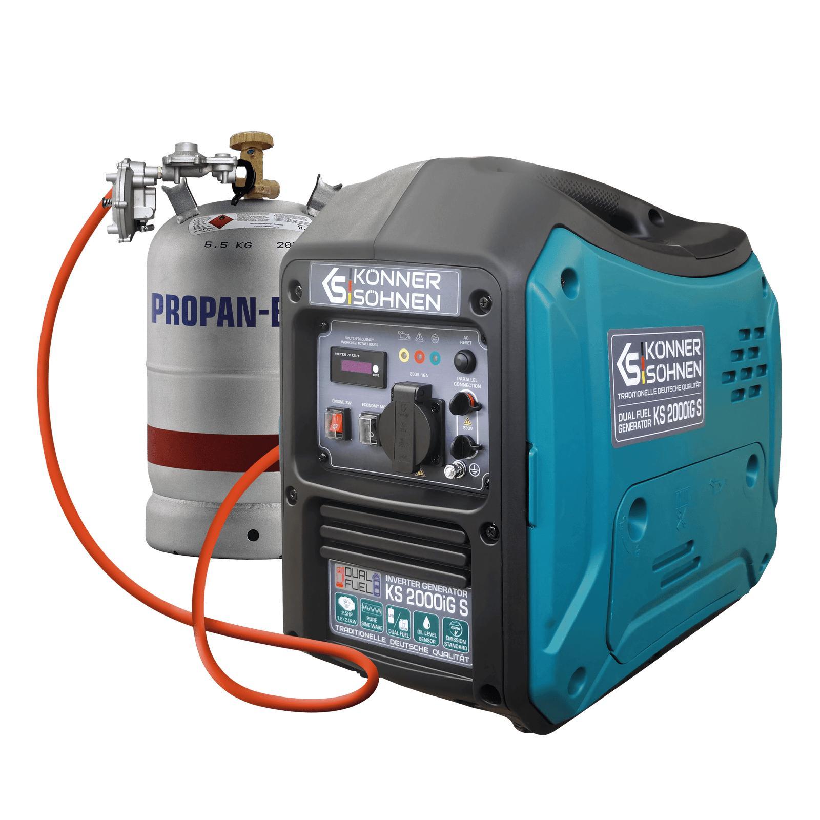 Könner & Söhnen Hybrid Inverter Stromerzeuger KS 2000iG S, 2000W, Dual Fuel LPG/Benzin, reine Sinuswelle, leise, Gas-Generator, Camping