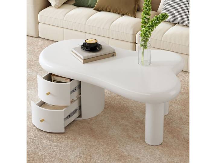 Table Basse Moderne Blanc Design Original avec 2 Tiroirs Forme Irrégulière 97x64x42 cm MDF Pour Salon Contemporain