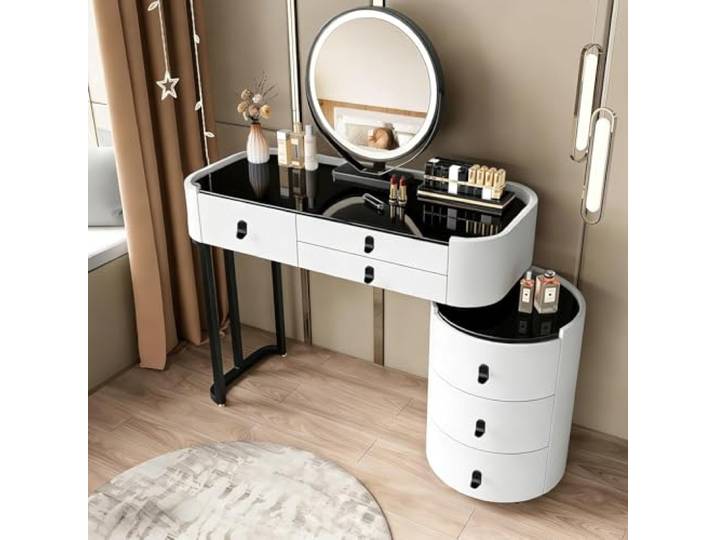 MJKCBD Schminktisch mit Glasplatte, Verstellbarer Spiegel, Vormontierter Schminktisch mit Schrank Beige, 6 Schubladen, PU Leder, Mädchen Schminktisch Klein für Schlafzimmer, 100*40cm