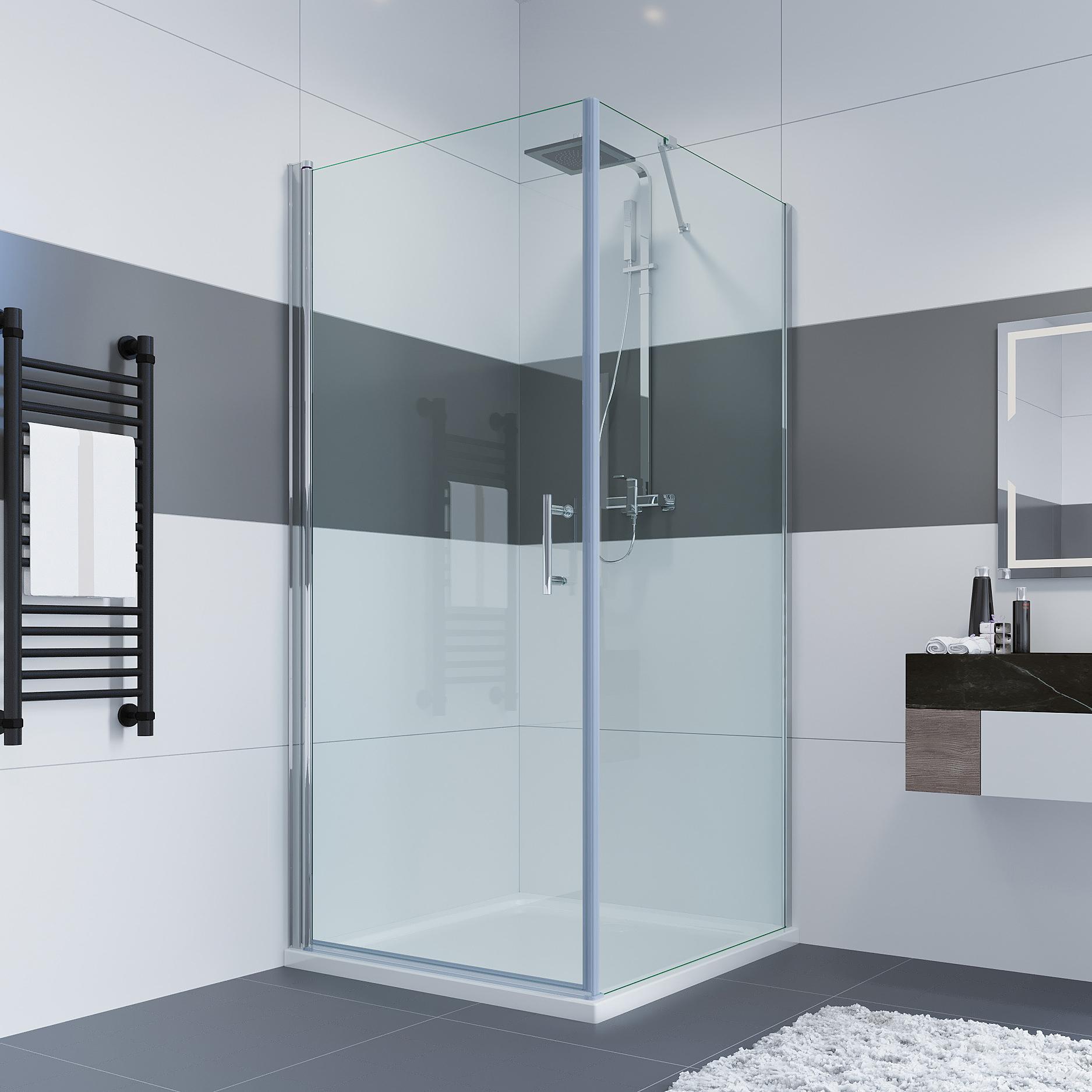 IMPTS 90 x 90 cm Duschkabine Duschabtrennung Glas Duschtür mit fester Glaswand, Drehtür Eckeinstieg Dusche Höhe 195 cm MIT Duschwanne