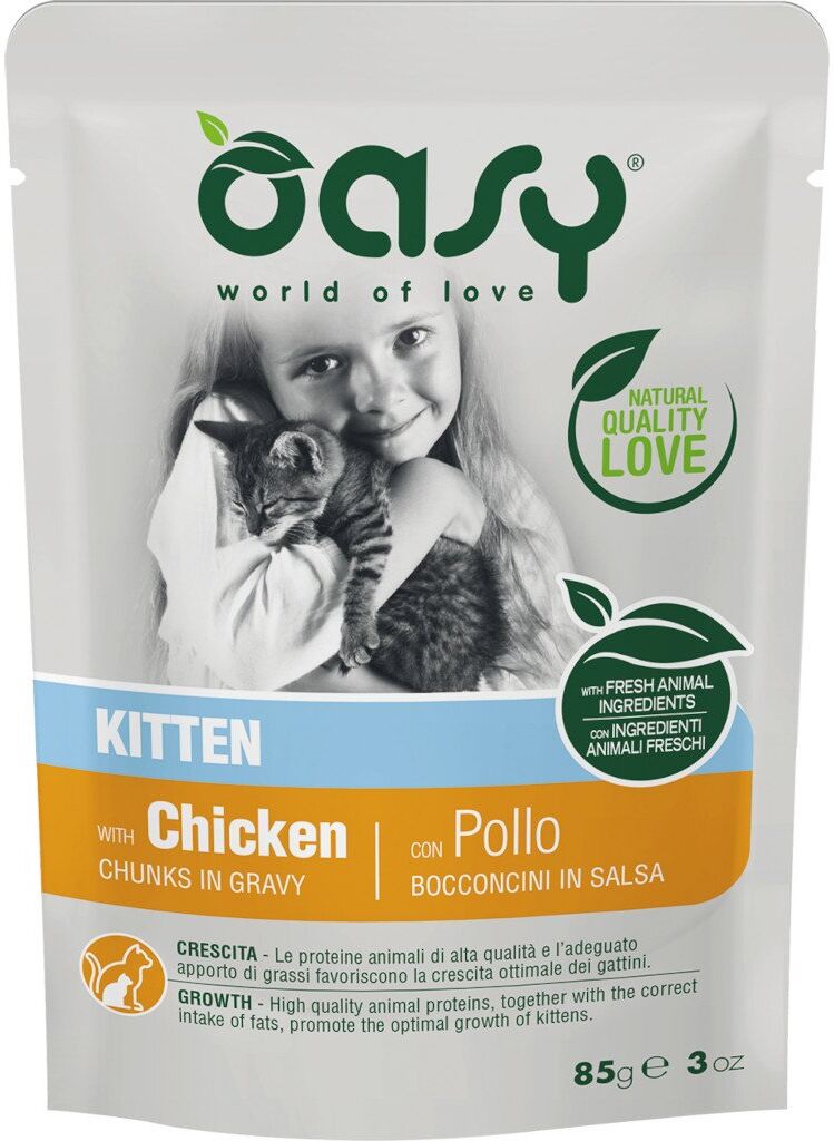 85 gr Oasy Alimento Completo Cibo Umido Bocconcini in Salsa Kitten per Gattini da 1 a 12 Mesi con Pollo in Busta Gluten Free