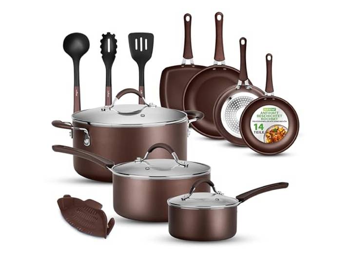 Nutrichef Pfannen & Induktions Töpfe Set, 14-Teiliges Pfannenset & Topfset Induktion,Töpfe & Pfannen mit Cool-touch Griffen PFOA/PFOS-frei – Non Stick – Aluminium mit Edelstahl Kanten – ofenfest