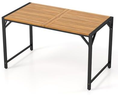 "Costway 51"" Acacia Wood Dining Table with Umbrella Hole & Metal Support for Garden"