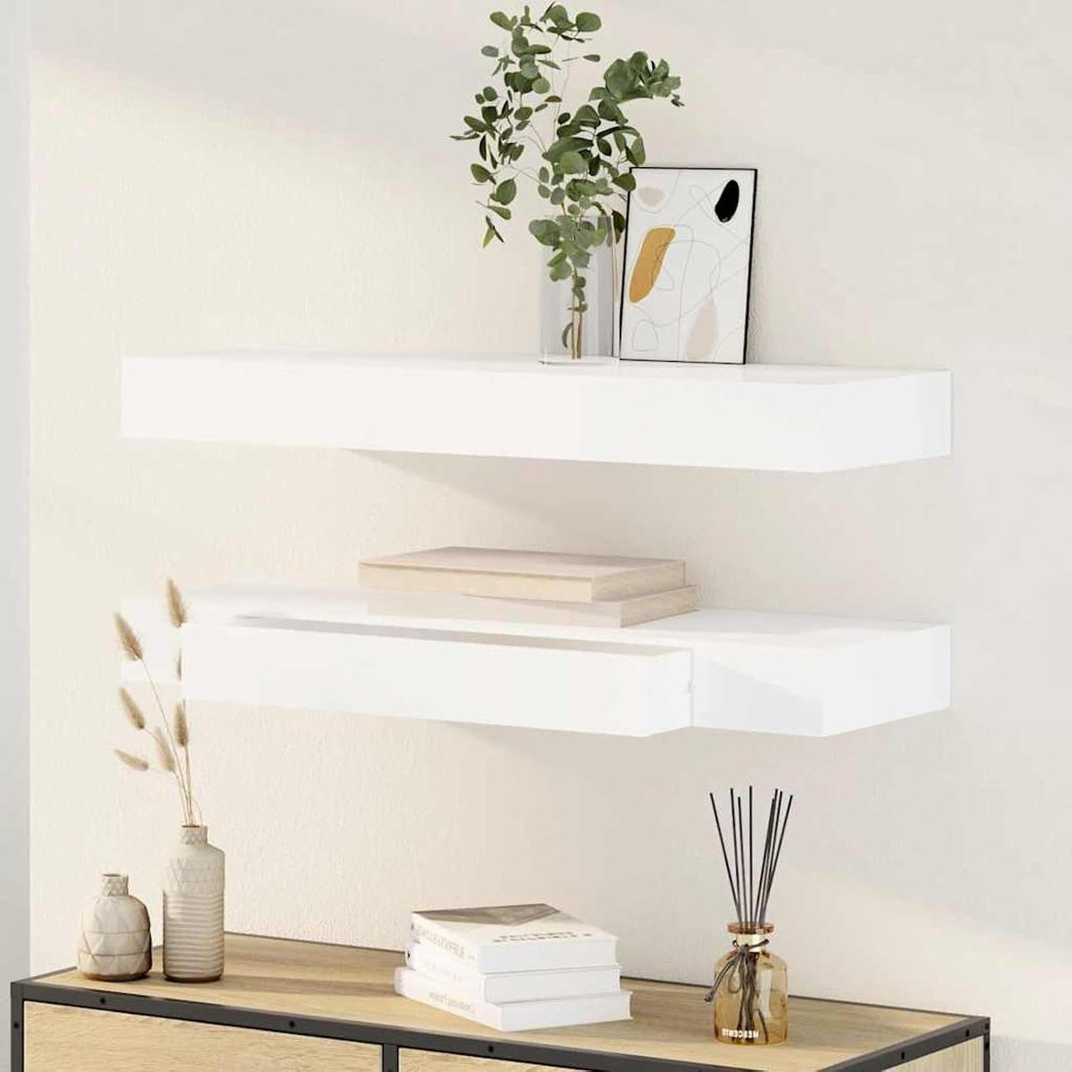 Zwevende Wandplank met Lade - Wit - 80 cm