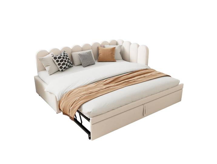 Flieks Polsterbett LForm 90/180x200 Beige Samt, 180x200 cm, Schlafzimmer, Betten, Polsterbetten