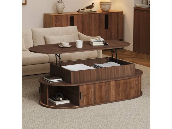 Table basse ovale aspect noyer avec plateau relevable 100x50x40 cm