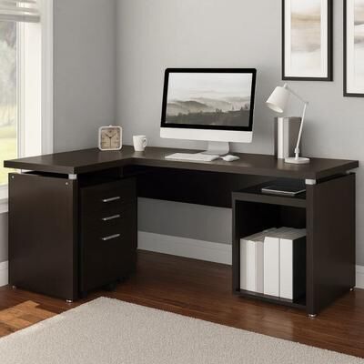 Benjara Niti 2 Piece Home Office L Desk with File Cabinet, Keyboard Tray Dark Brown
