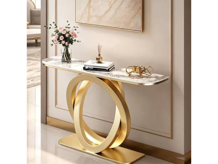 Moderner Konsolentisch, schmaler Flurtisch mit Sintersteinplatte, 120cm Premium Sinterstein, stabiles Metallgestell, platzsparendes Design, vielseitig(Gold+White-gold,47.2 in(120cm))