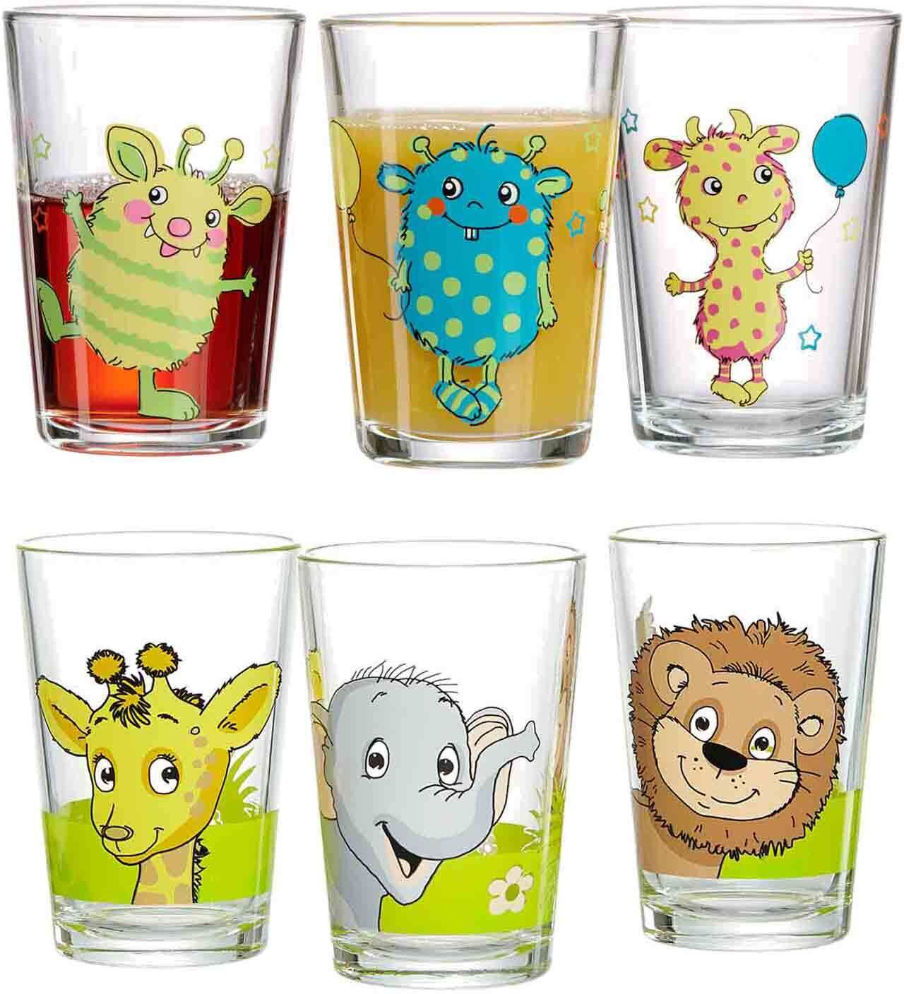 Kinderbecher RITZENHOFF & BREKER "Kindergläser Monsterchen Dschungeltiere 205 ml 6er Set bunt", bunt, 6 tlg., Glas, Trinkgefäße, Kinderbecher