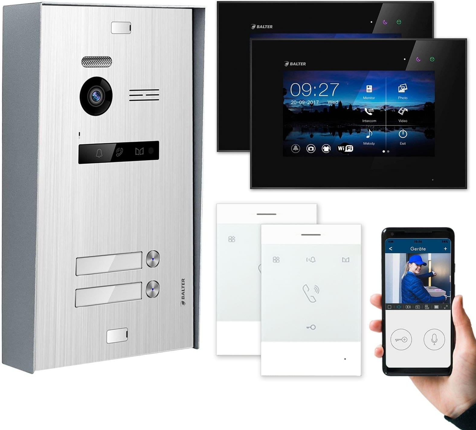 BALTER EVO Aufputz Silber 7" WiFi Monitor Schwarz + Talk Video Türsprechanlage Set 2 Familienhaus