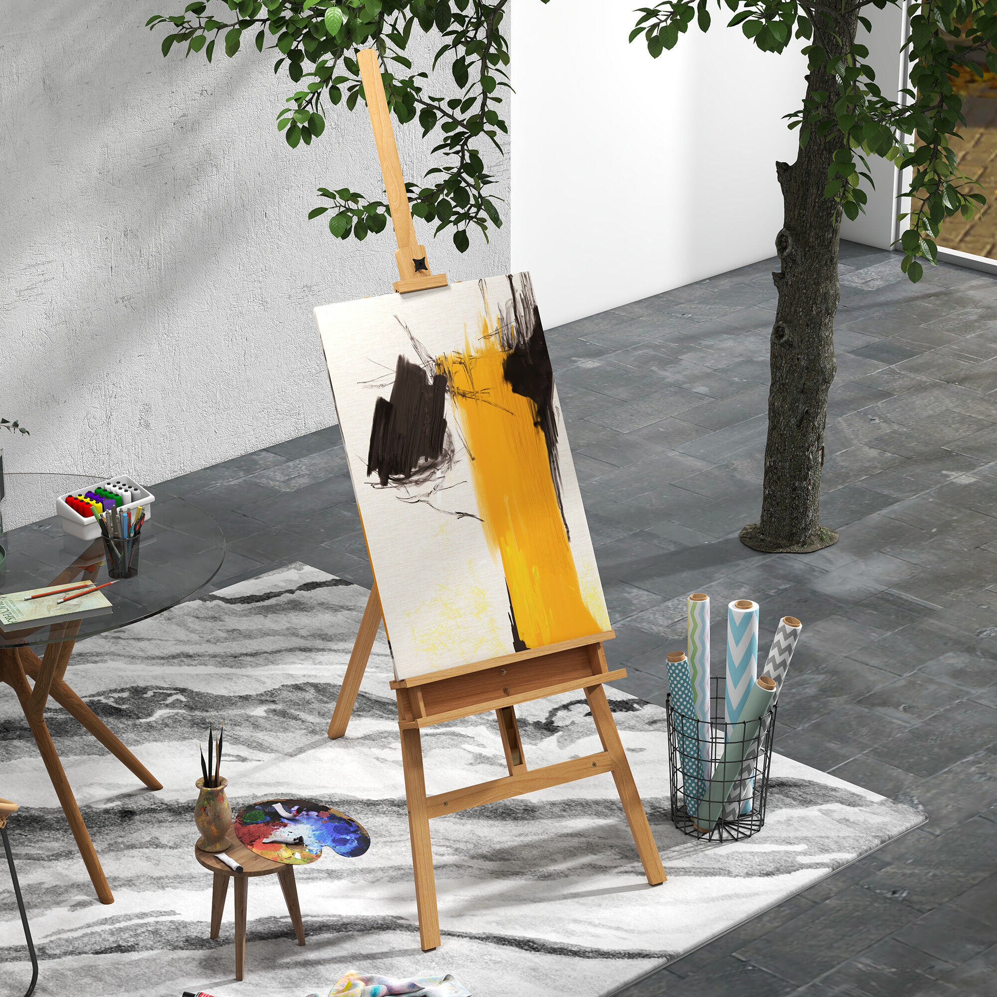 Altro Cavalletto Per Pittura Pieghevole In Faggio Con Altezza E Angolazione Regolabile, 65x110x180-235 cm