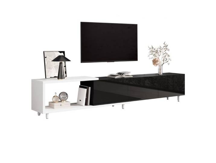 Meuble TV extensible - Extensible jusqu'à 258 cm - Trois portes brillantes - Charnières silencieuses - Pieds en métal