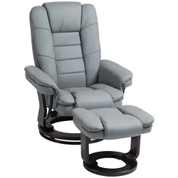OKWISH Relaxsessel mit Hocker aus Kunstleder Grau, 85 x 82 x 106 cm, 360° drehbar mit Liegefunktion