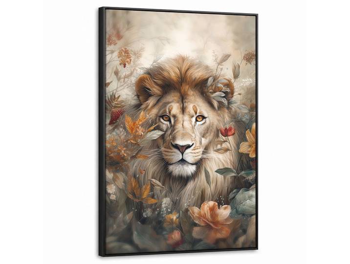 LEINWAND Bilder mit Rahmen - Löwe - Wildtiere - Pflanzen - Natur - Blumen - 60x90