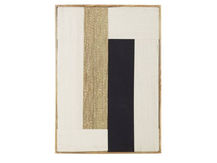 Wanddekoration aus Mangoholz und beigem, goldenem, schwarzem und braunem Flechtwerk, 77 x 107 cm