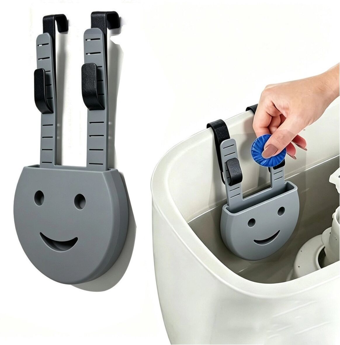 INF Verstellbarer hängender Silikon-Tablettenhalter für Toilettenspülkasten mit Haken, Smiley-Design, weiches Silikon, sicherer Grau