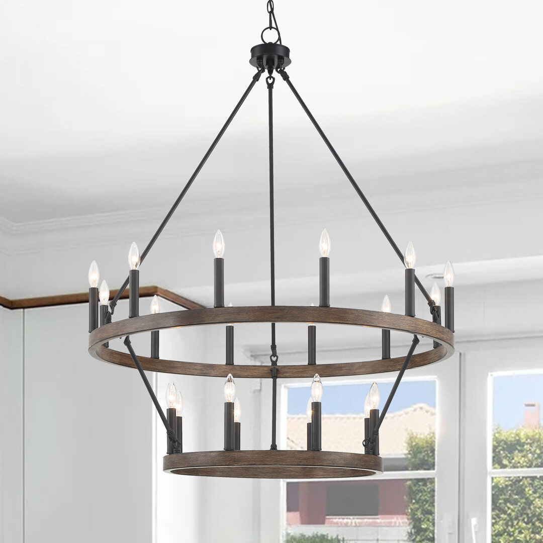 August Grove Farwell 2 Tier 20 Light Wagon Wheel Candle Style Chandelier Walnut/Black
