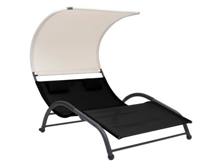 Chaise longue double avec auvent Textilène Noir