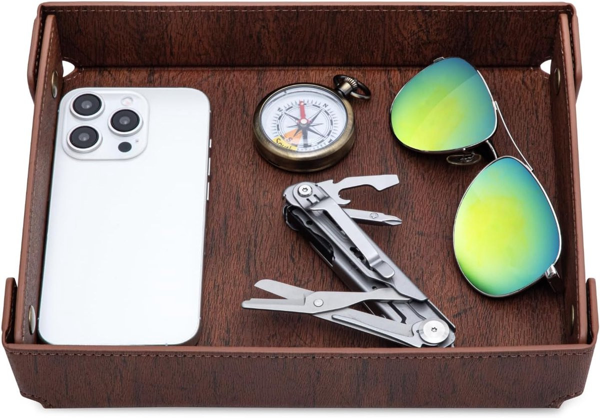 Kunstleer Valet Tray Organizer voor mannen - Catch-all tray voor sleutels, portemonnees, horloges en telefoons