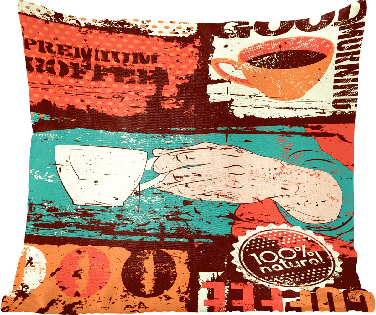 Sierkussen met vintage koffie afbeelding in katoen, 60 x 60 cm
