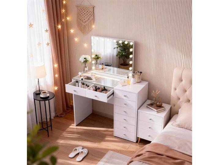 FENCHILIN Coiffeuse avec Miroir LED 8 Tiroirs Blanc 120 x 55 x 139 cm