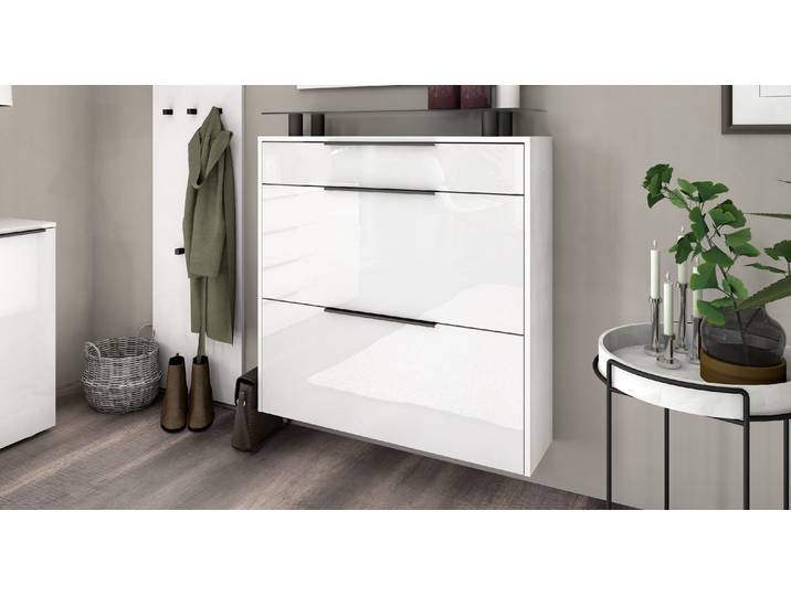 Schuhschrank BORCHARDT MÖBEL Tom, Hängeschrank mit Glasablage und Metallgriffen , weiss (weiß hochglanz), B:89cm H:96cm T:24cm, Holzwerkstoff, Schränke, Schuhschrank