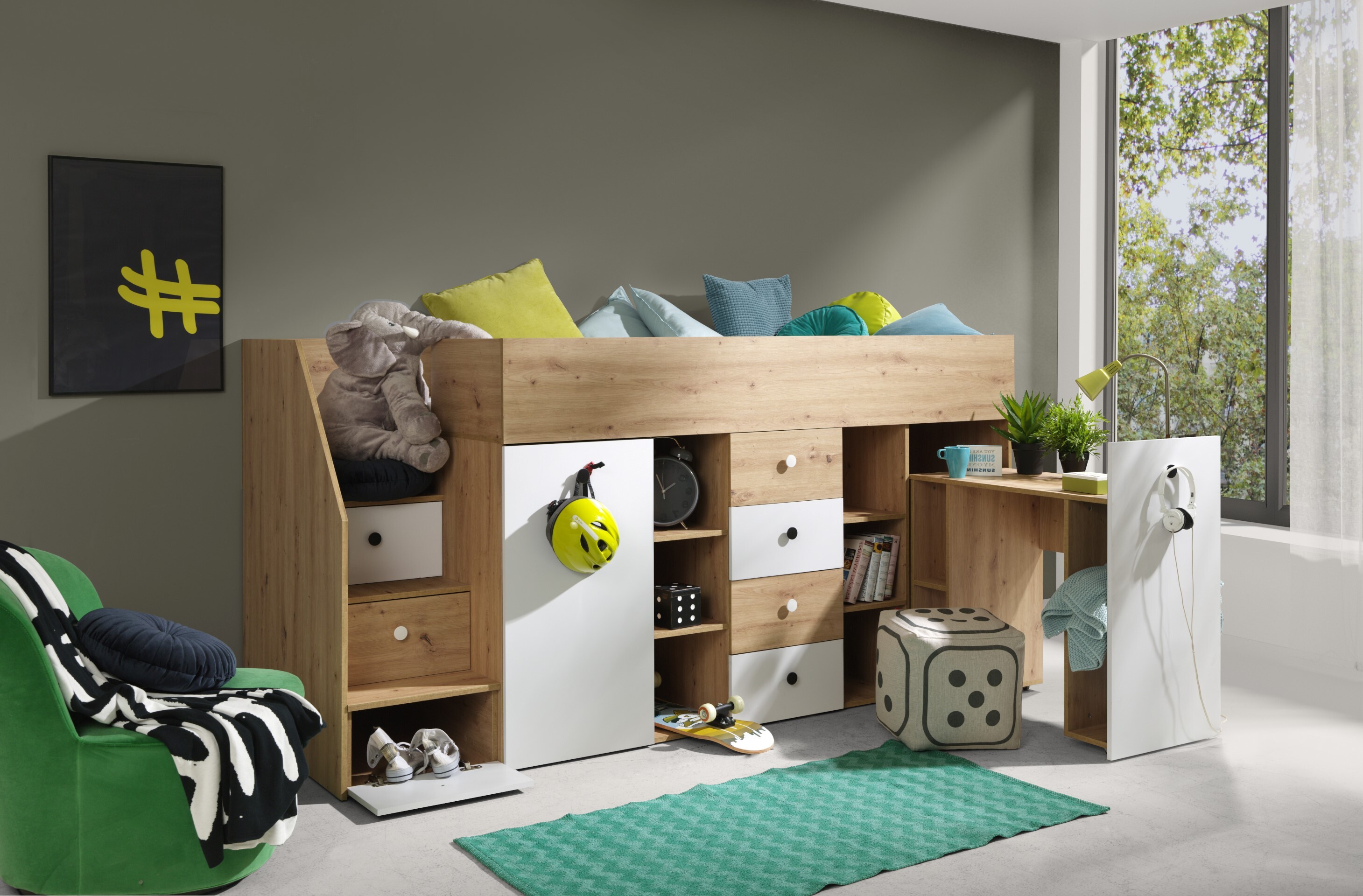 MINIO Hochbett mit Schreibtisch SMARTI 3 Weiß Links
