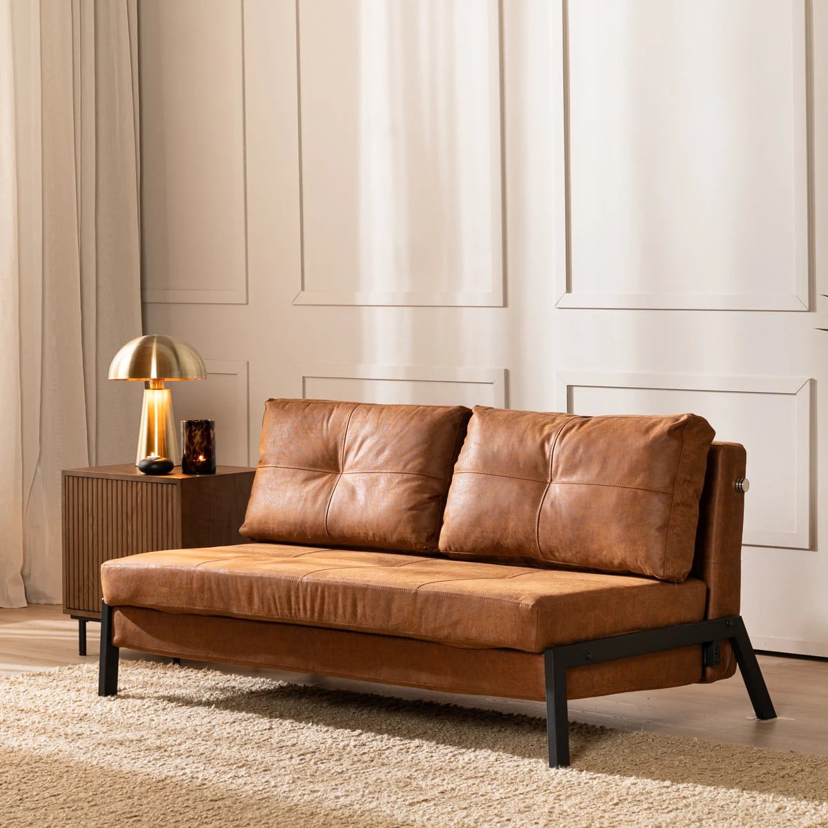 Bronx71 Mikko Slaapbank voor 2 personen, Cognac Bruin, Eco-leer