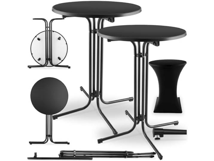 tectake® Gastro 2er Set Stehtisch klappbar, Bistrotisch mit Husse, Tisch Ø80cm, Stehtisch mit MDF-Tischplatte, Gartentisch klappbar, Klapptisch, rund, Stahlgestell, stabil, robust - schwarz, 2er Set