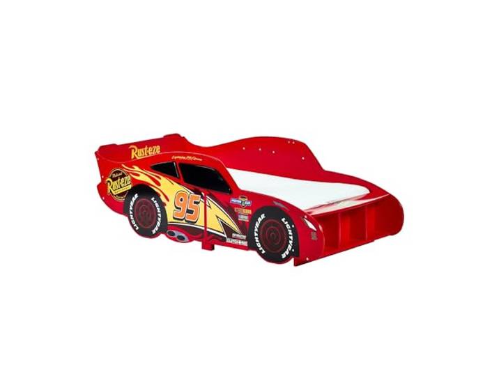 Disney Kleinkindbett: stabile Holzkonstruktion, geschützte Seiten, Holzlatten, passend für 140 cm x 70 cm Matratze (Matratze Nicht im Lieferumfang enthalten) – Lightning McQueen Auto