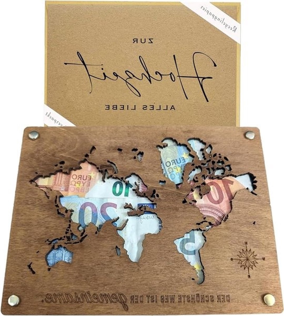 Houten geldgeschenkdoos met fotolijst en kaart voor huwelijkscadeaus