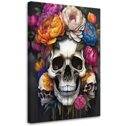 LEINWANDBILD Totenkopf Pfingstrosen Blumen bunt 70x100cm