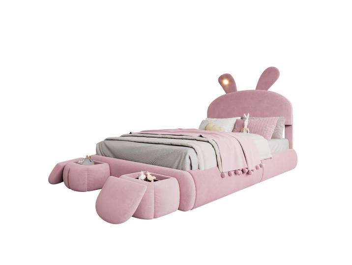 Komhtom Kinderbett 140x200cm mit zwei Aufbewahrungshockern, Samt, rosa, Pink, Mode, 140x200 cm, Babymöbel & Kindermöbel, Kinderzimmer & Jugendzimmer, Kinderbetten