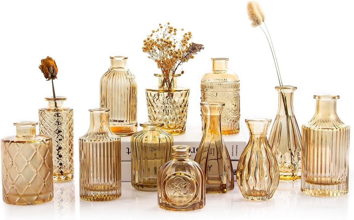 Set van 12 amberkleurige glazen knopvazen voor bruiloftdecoratie