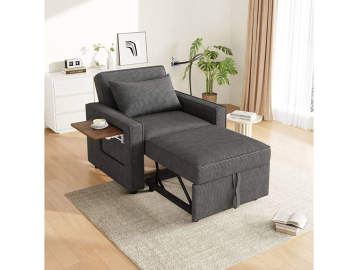 Chaise longue convertible 1 place avec USB et support téléphone pliable tissu côtelé gris