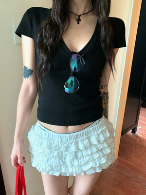 Lush Living Finds Retro Chic V Neck Women's Crop Top Slim Fit Summer Tee black s
