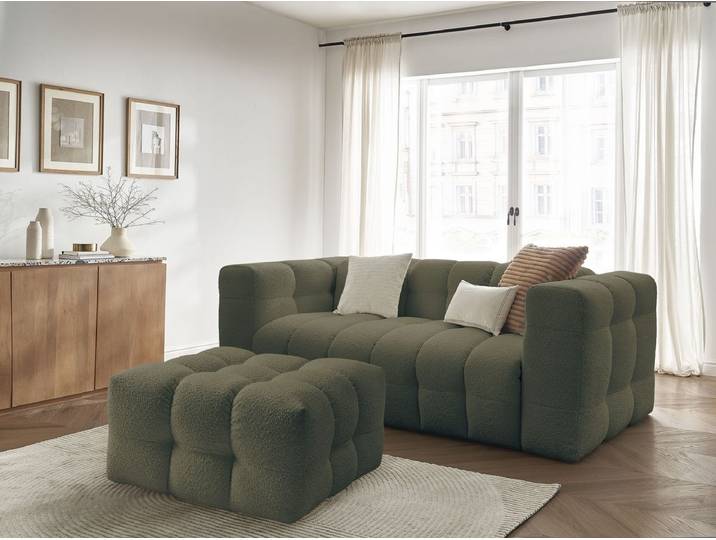 Canapé droit convertible ouverture express 3 places CLOUD tissu bouclette avec pouf